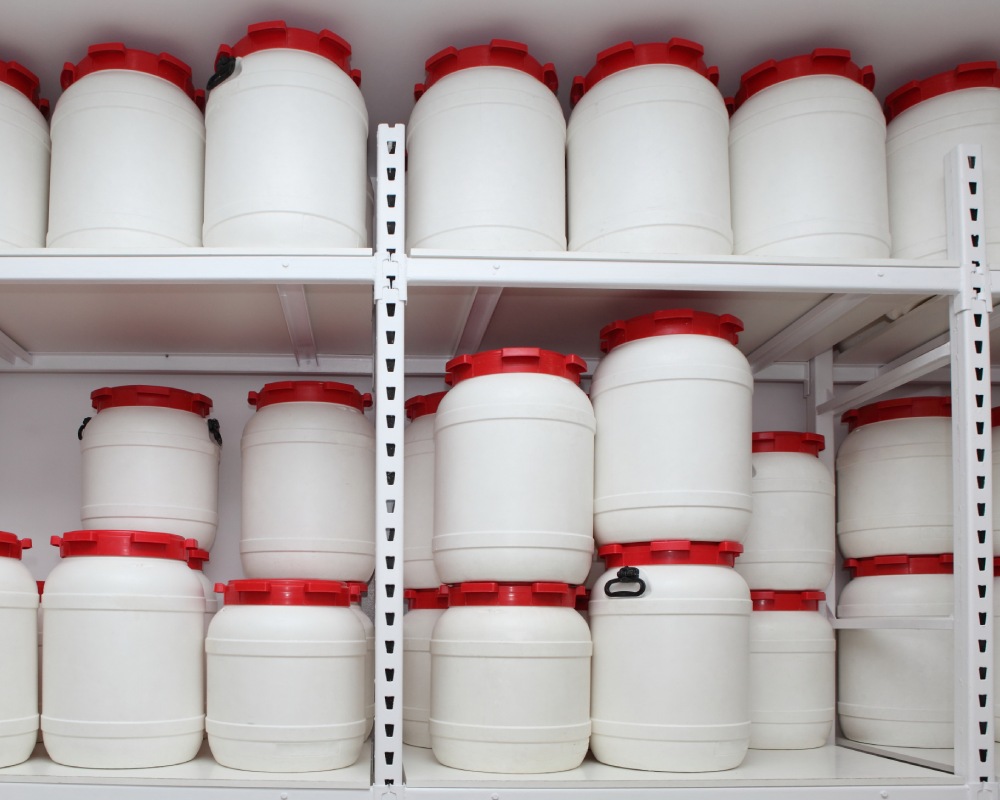 Shelves of white powder containers.